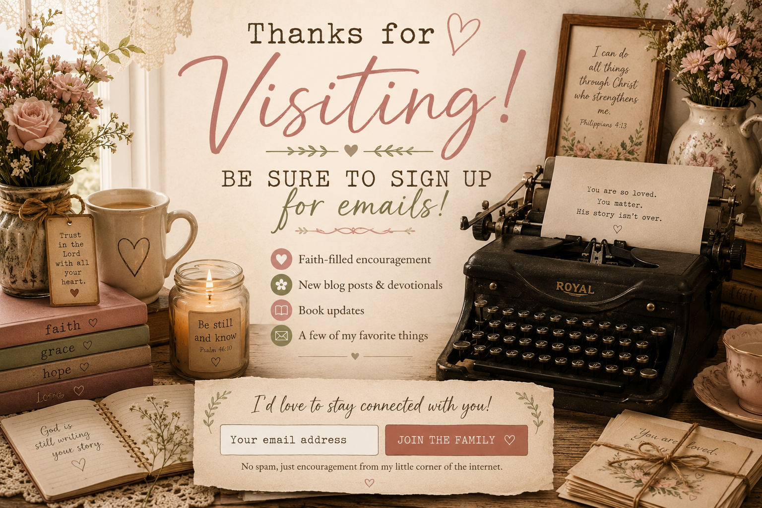 A decorative table display with flowers, books labeled 'faith,' 'grace,' 'hope,' and 'love,' a lit candle, vintage typewriter with a paper, framed quotes, and a sign thanking visitors and encouraging email sign-up.
