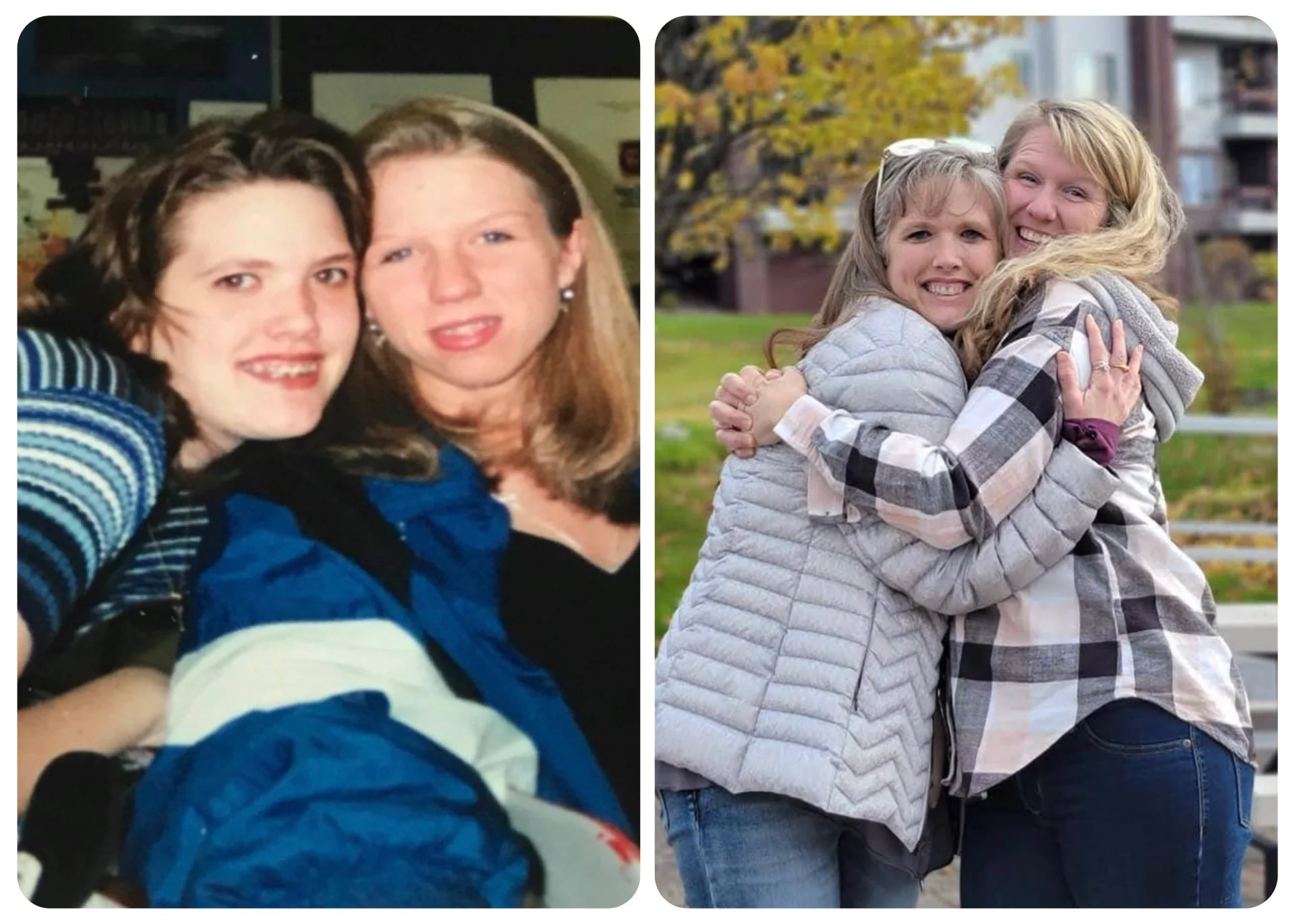Two women hugging outdoors, smiling at the camera with trees and buildings in the background, in the second image. The first image shows two women close-up, smiling and posing for a selfie, with a dark background.