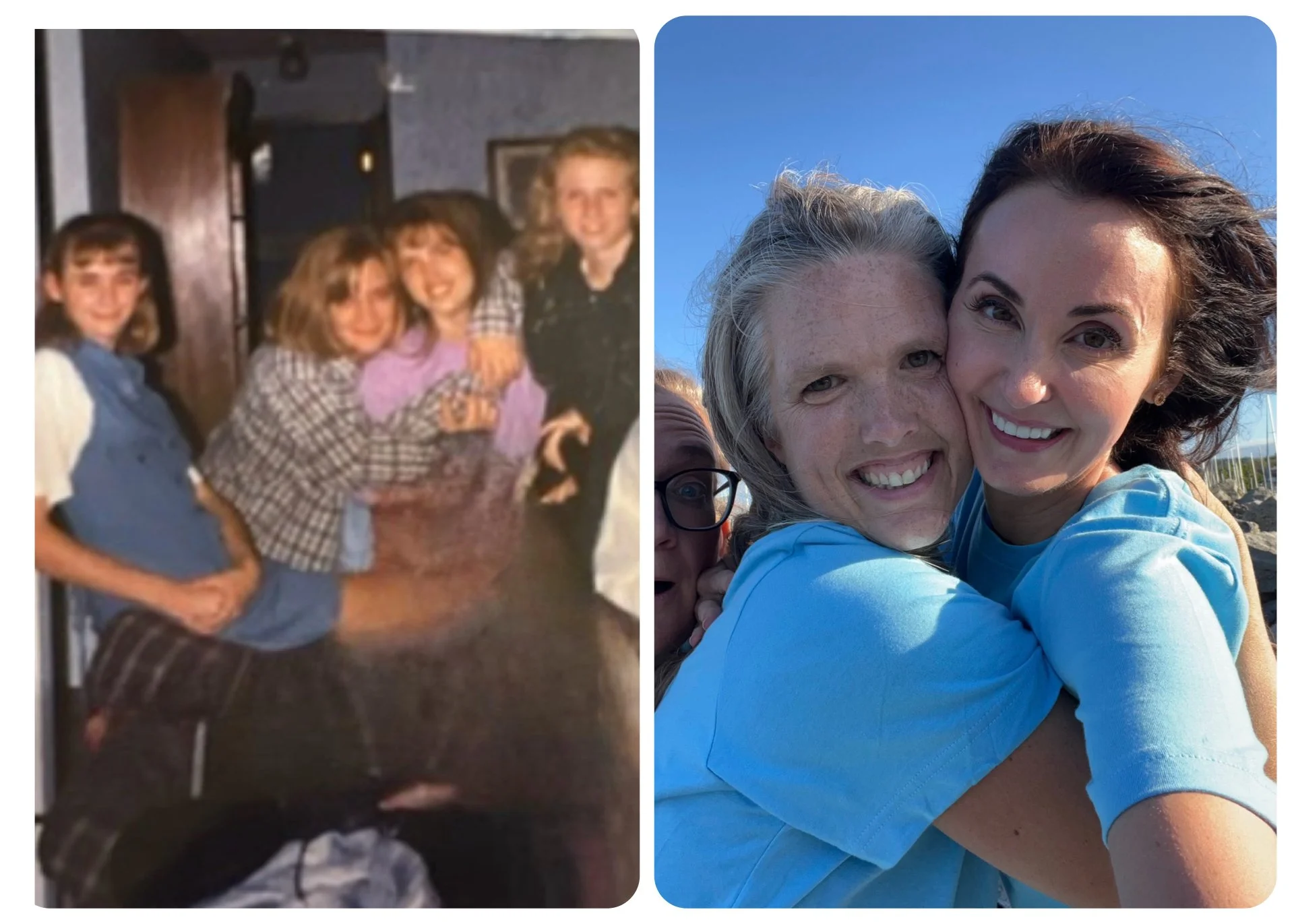 Comparison of two side-by-side photos showing the same group of women at different ages. The left photo is a blurry, older picture of four women, likely girls or young women, smiling and posing together indoors. The right photo is a clear, recent image of the same women as adults outside under a blue sky, smiling and hugging closely.