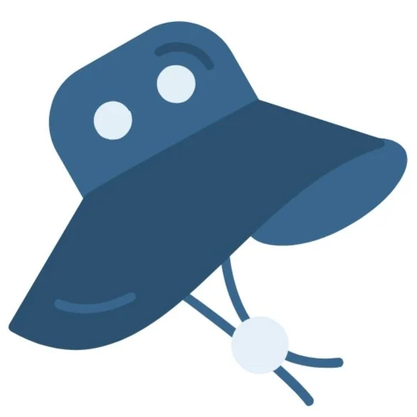 Illustration of a dark blue cowboy hat with a wide brim, a decorative band, and a string with a round object hanging from it.