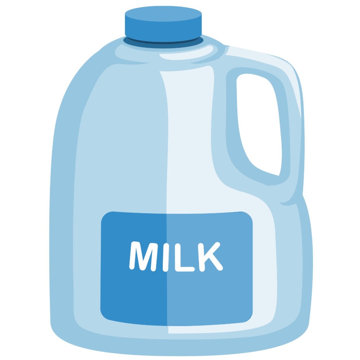 Illustration of a plastic jug of milk with a blue cap and a label reading 'Milk'.