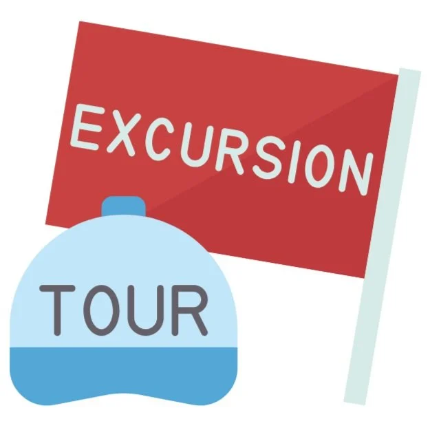 A sign with a red background that says 'Excursion' and a blue hat with the word 'Tour' on it in front of the sign.