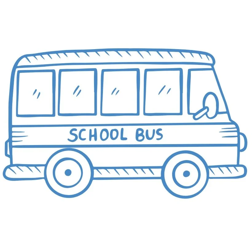 A simple blue line drawing of a school bus with four windows, two wheels, and the words 'SCHOOL BUS' written on its side.