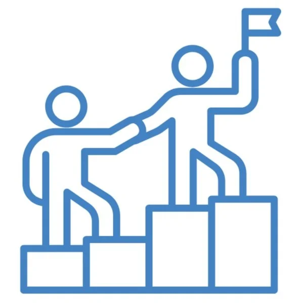 Line drawing of two people on ascending blocks, one helping the other reach a flag at the top.
