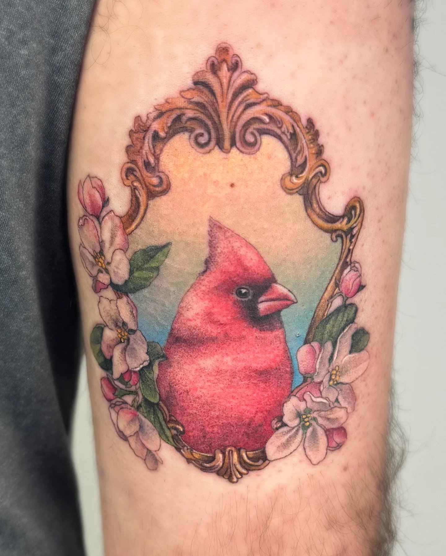 ✧ Cardinal ✧
.
Another addition for Leonid, this time a bright red Cardinal and apple blossoms!
.
This ongoing project has me wanting to add more botanical and or vintage frames with future designs. 👀
.
.
#tattoo #tattoos #botanicaltattoo #botanical