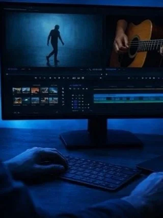 Écran d'ordinateur montrant un montage vidéo avec une personne jouant de la guitare et un clip vidéo d'une silhouette marche dans l'eau.