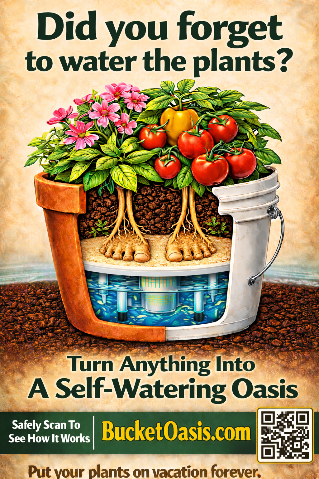 An illustration of a self-watering plant pot with plants, flowers, and ripe tomatoes, demonstrating how it functions.