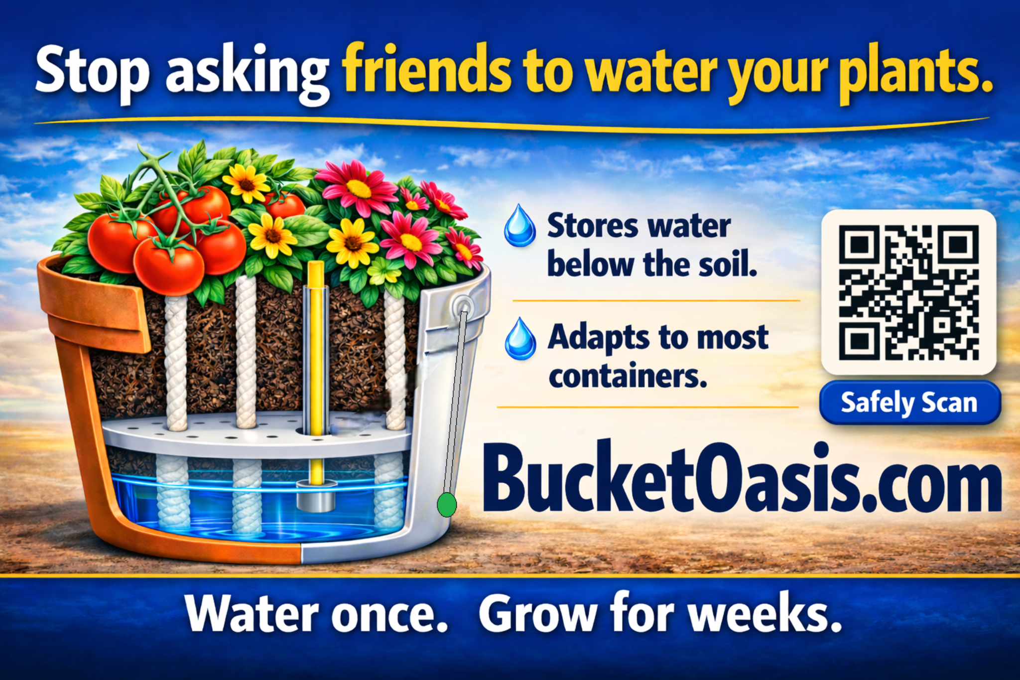 Garden planter with tomatoes and flowers, showing a cross-section of water storage system with a water level indicator.