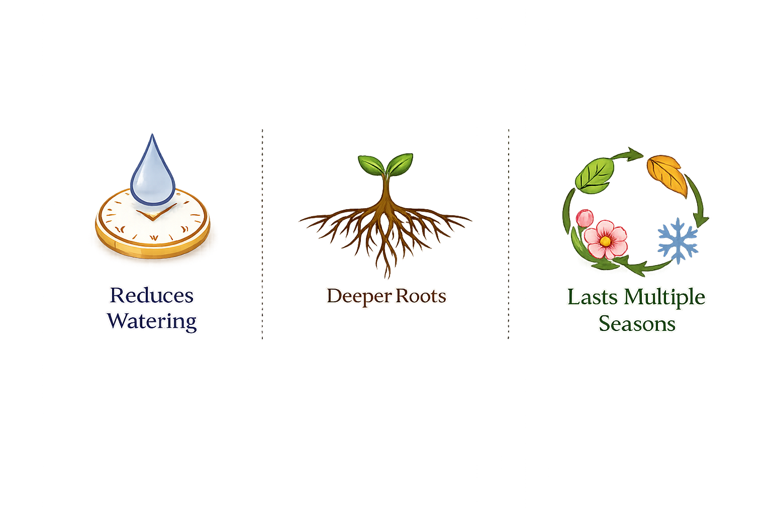 Infographic showing three benefits for plants: a water droplet on a clock indicating reduced watering, a sprouting plant with roots indicating deeper roots, and a circular flower weave indicating lasting multiple seasons.