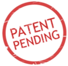 A circular badge with a blue background and red border, displaying the words 'PATENT PENDING' in red text.
