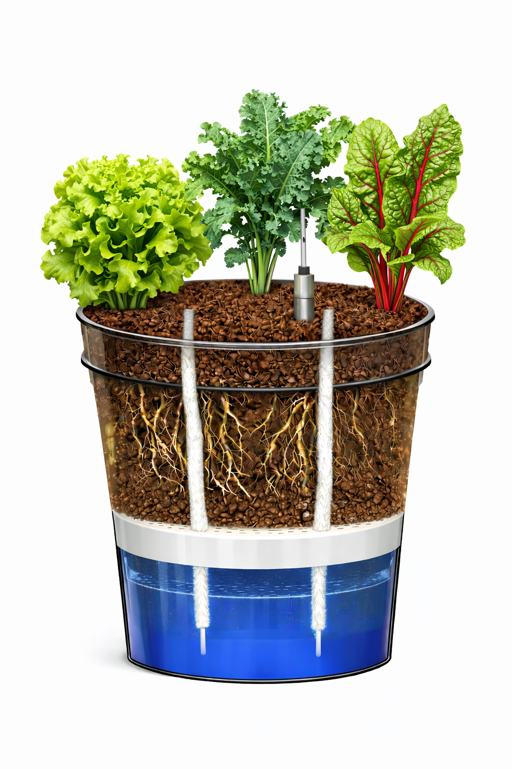Cutaway illustration of a smart indoor garden with lettuce, kale, and Swiss chard, featuring soil, roots, and water system.