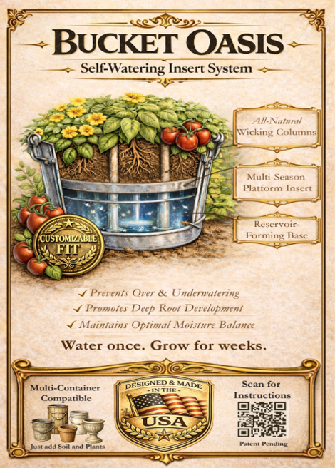 Packaging for a Bucket Oasis self-watering insert system for plants. It features a picture of a plant with tomatoes in a bucket, with water at the bottom, and highlights that it is all-natural, multi-season, and reservoir-forming. The packaging menti