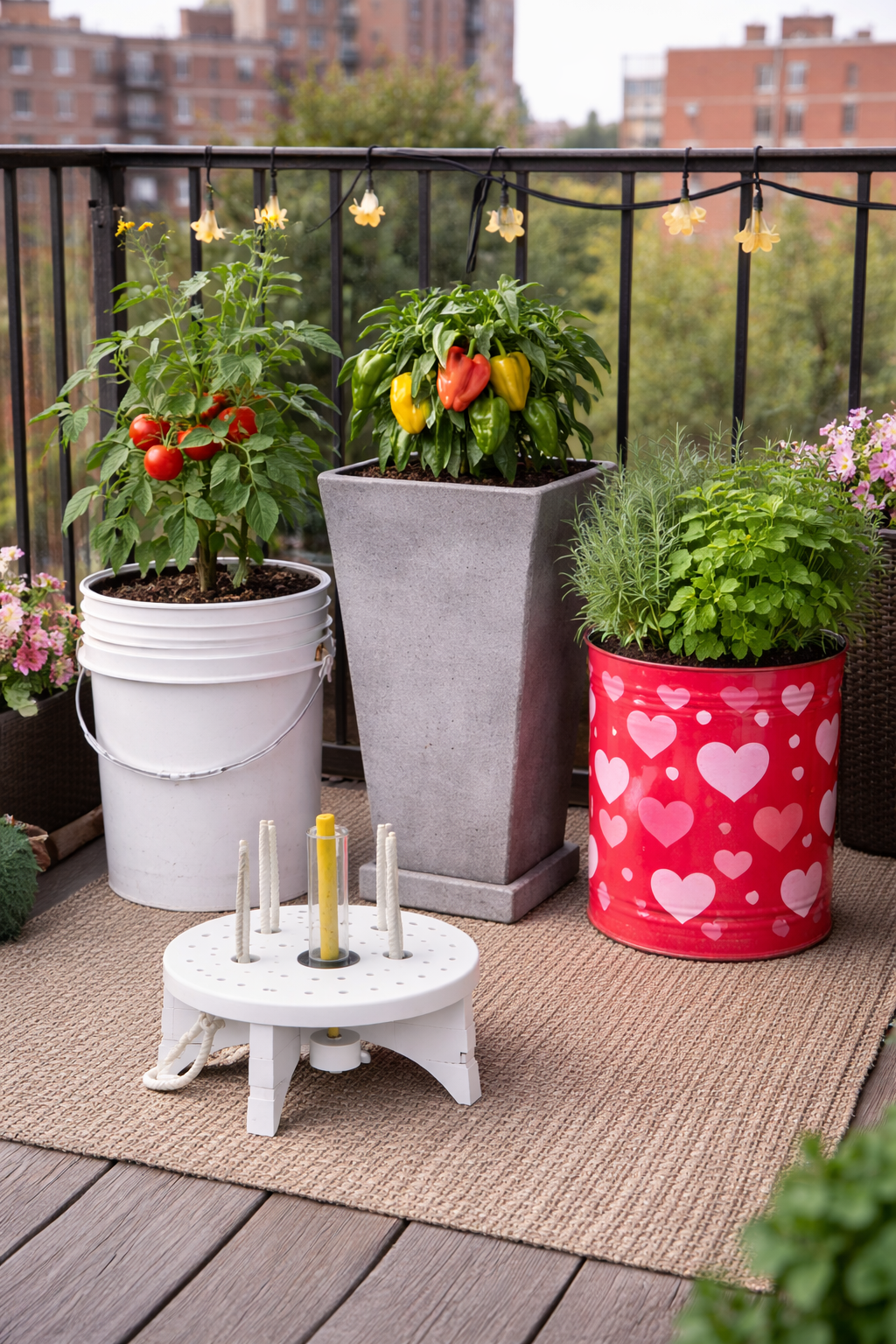 On a balcony, there are potted plants including a tomato plant, a chili pepper plant, and a herb, with decorative string lights overhead and a cityscape background.
