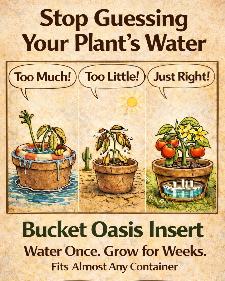 A gardening instruction sign showing the importance of watering plants correctly. It features three cartoon illustrations of plant pots with captions: 'Too Much!', 'Too Little!', and 'Just Right!' The first pot has a wilting plant with excess water, the second shows a dying plant with little water, and the third depicts a healthy, blooming plant with the right amount of water. The sign reads 'Stop Guessing Your Plant's Water' and 'Bucket Oasis Insert Water Once. Grow for Weeks. Fits Almost Any Container.'
