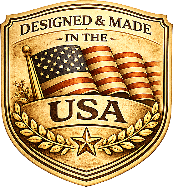 A shield-shaped emblem with the American flag, gold leaves, a star, and the words "Designed & Made in the USA".