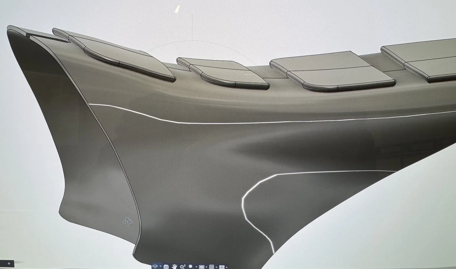 Seat cowl digitally developed from 3D scan data to refine form, fitment, and rider ergonomics prior to fabrication.