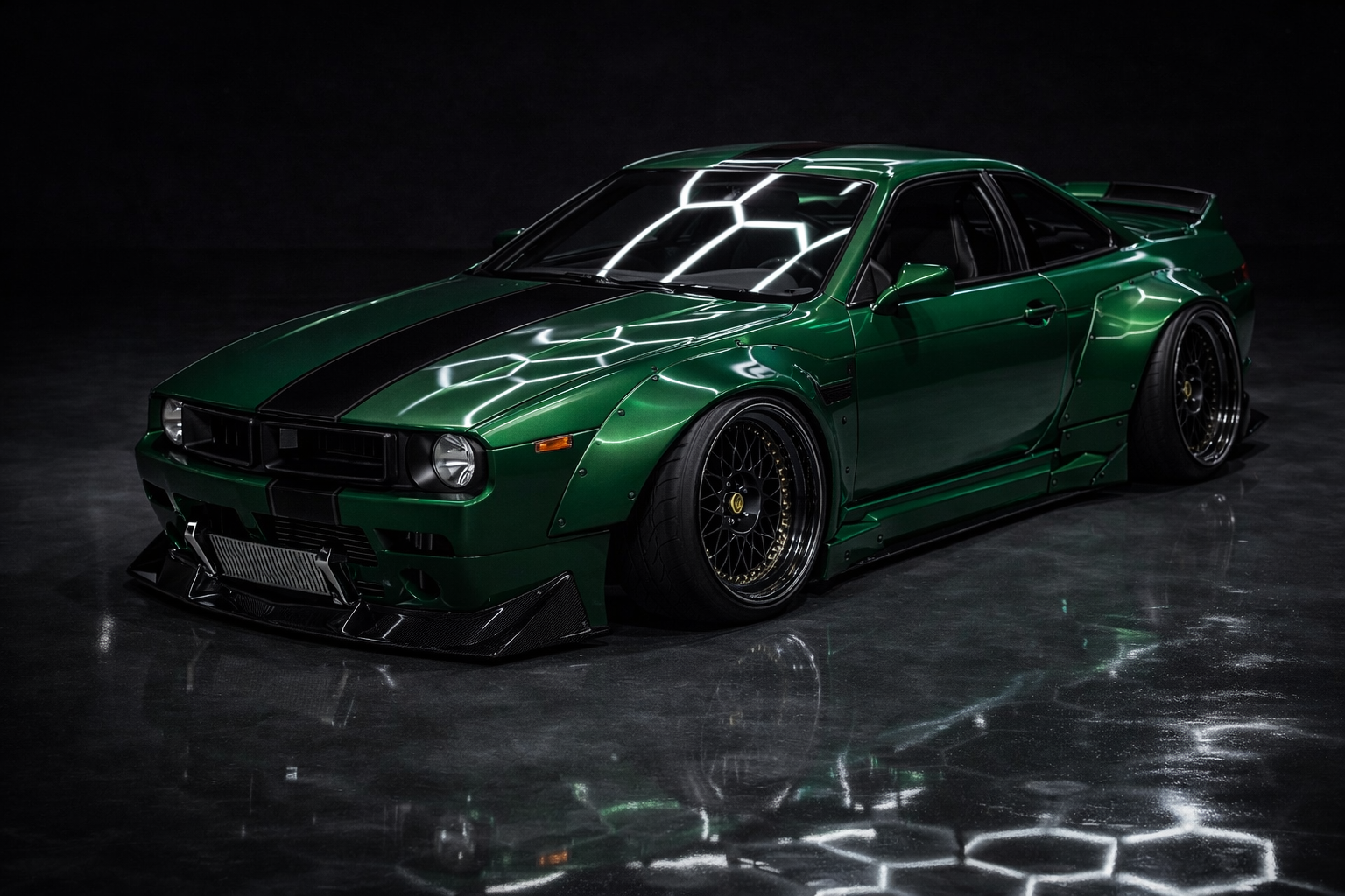 Nissan 240SX S14 Pandem widebody front view in Isle of Man green with Avant Garde F141 wheels and aggressive stance