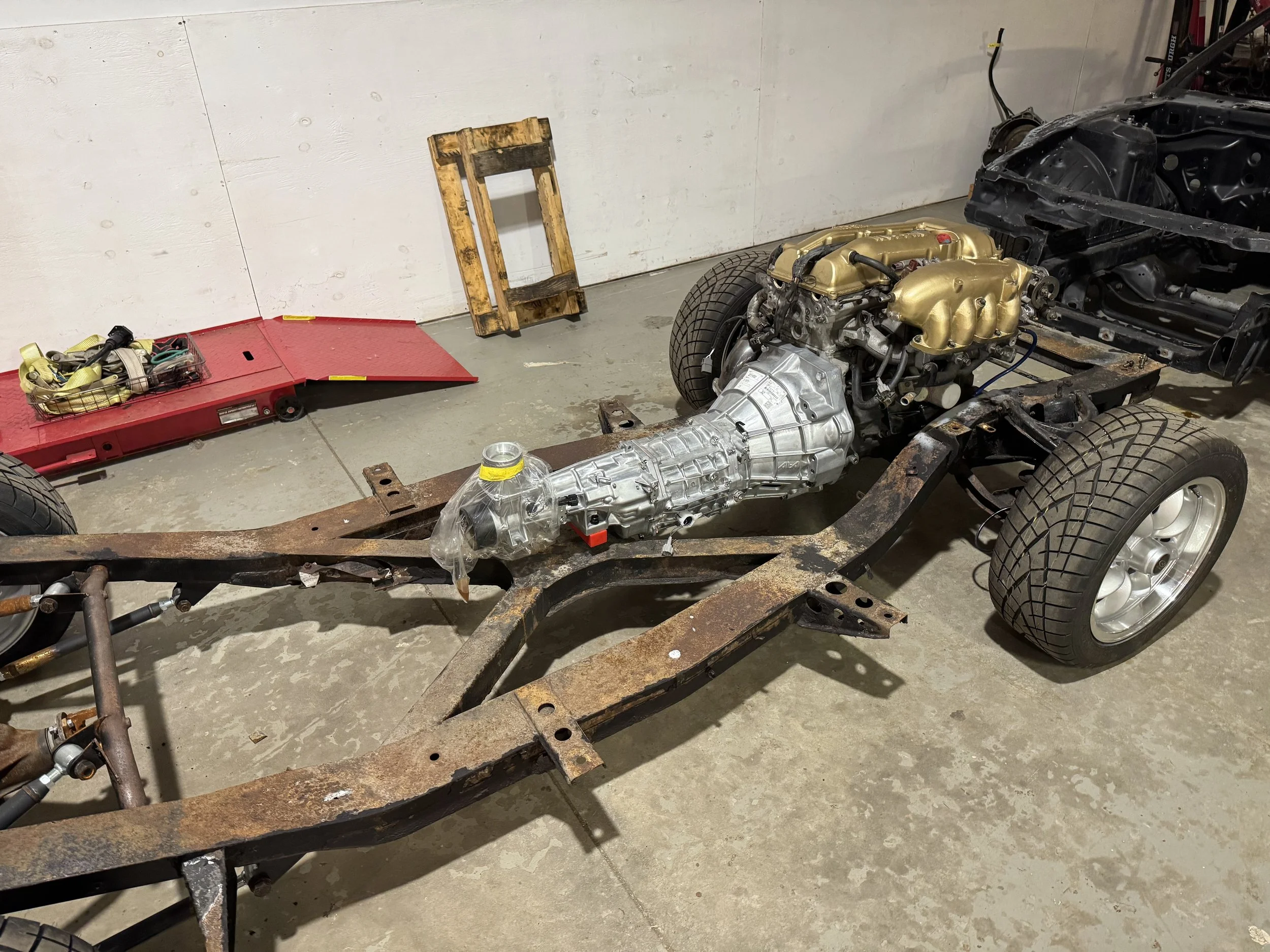 The first complete drivetrain mock-up establishes engine position, transmission placement, and overall chassis packaging before permanent fabrication begins.