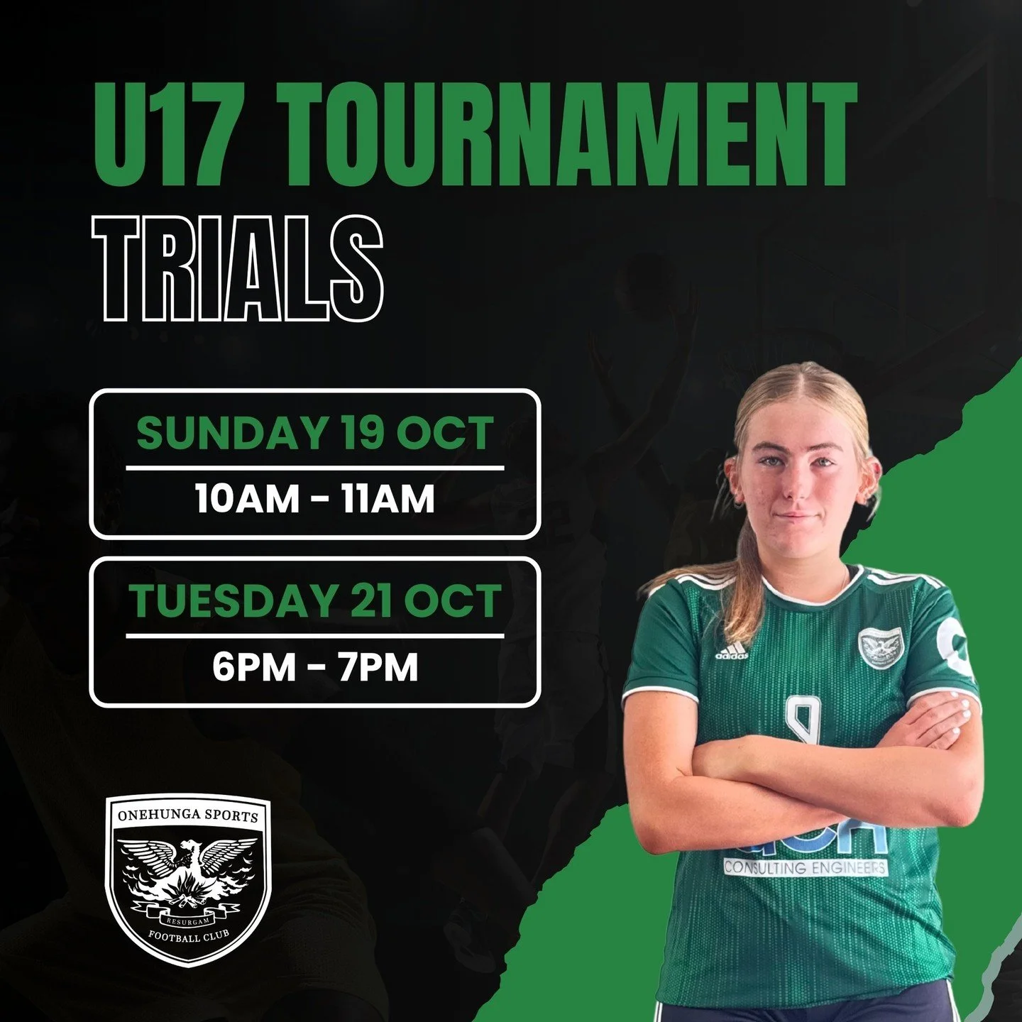 Final Trial Reminder 💚⚽️

Our second U17 National Tournament trial is happening this Tuesday 21st October at 6pm &mdash; don&rsquo;t miss your chance to be part of the Onehunga Sports squad heading to the Western Springs U17 National Tournament! 🙌
