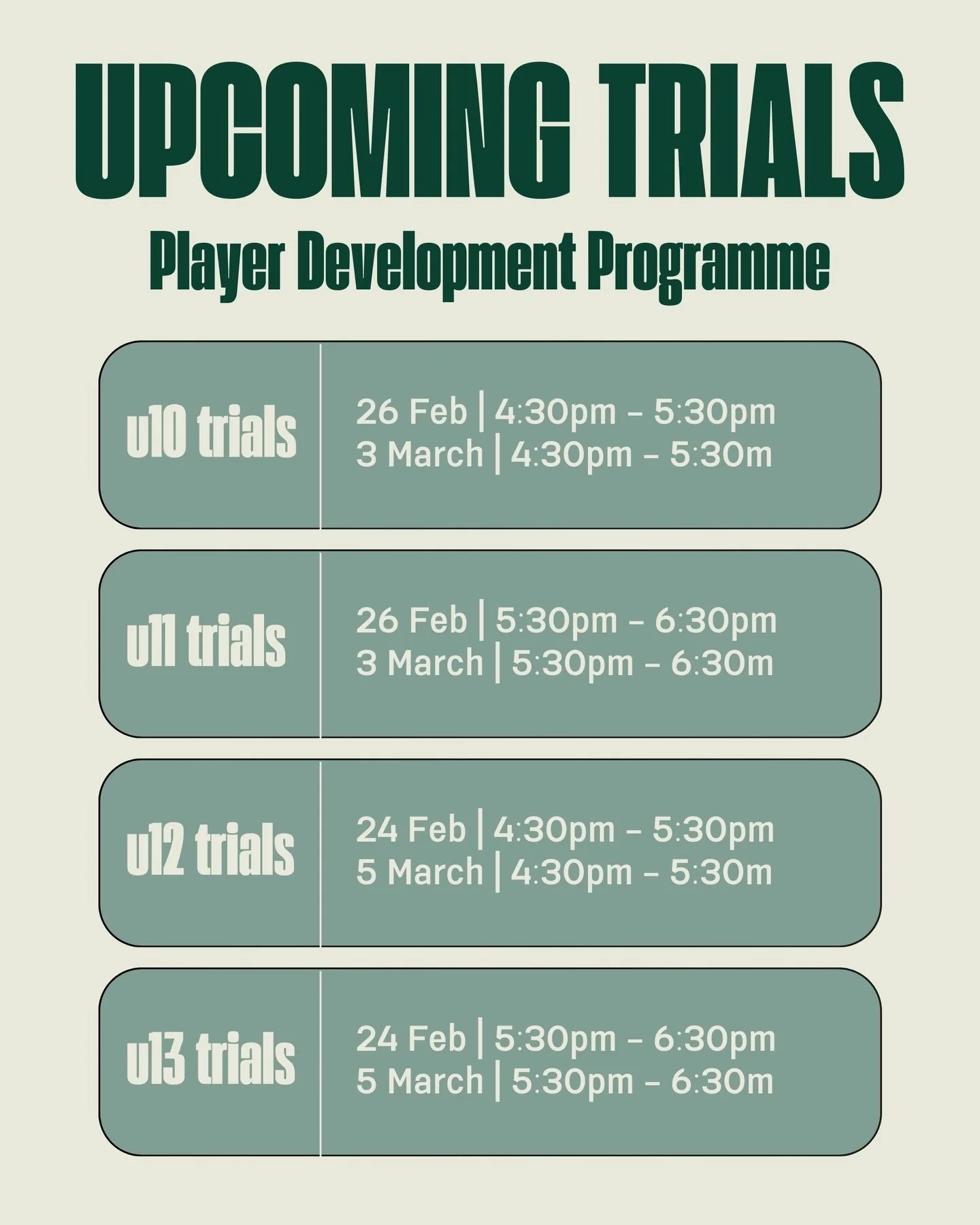 Reminder! PDP trials begin this week! 

Here are your key dates:

PDP U10 26 Feb &amp; 3 March 4:30pm &ndash; 5:30pm

PDP U11 26 Feb &amp; 3 March 5:30pm &ndash; 6:30pm

PDP U12 24 Feb &amp; 5 March 4:30pm &ndash; 5:30pm

PDP U13 24 Feb &amp; 5 March