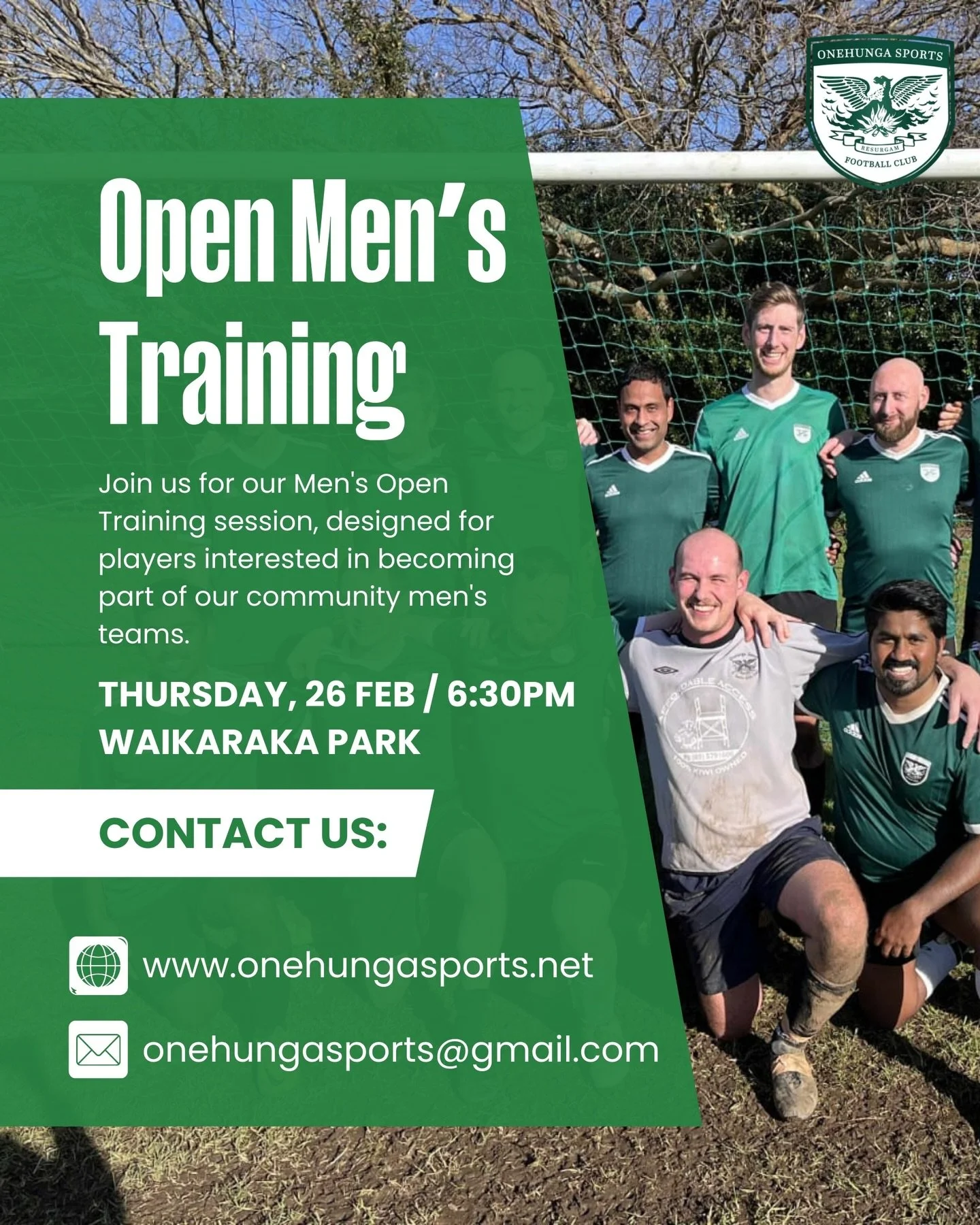 Join us for our Men&rsquo;s Open Training session, designed for players interested in becoming part of our community men&rsquo;s teams. We&rsquo;d love to see you down at Waikaraka Park in Onehunga this Thursday 26th February at 6:30pm. Whether you&r