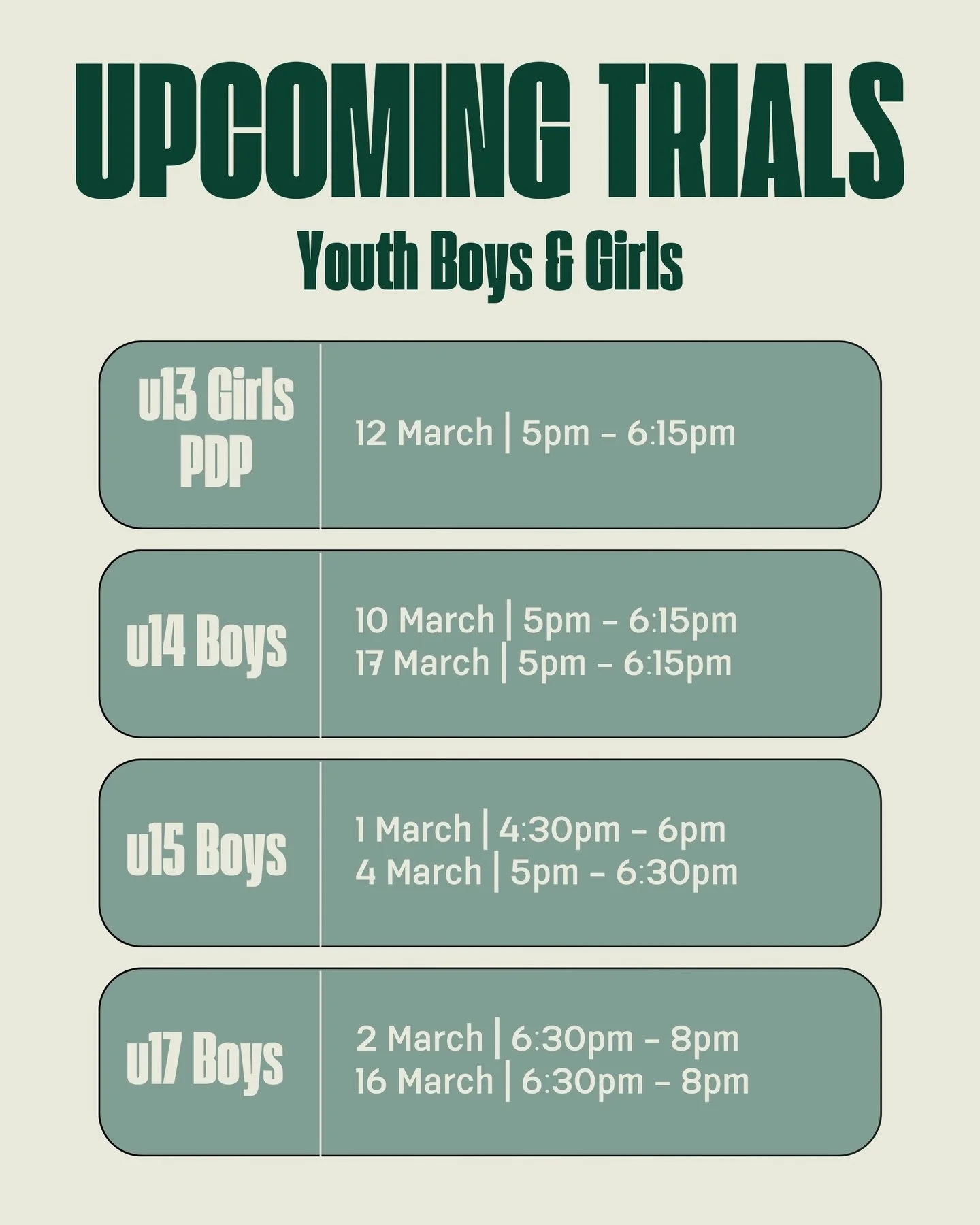 Onehunga Sports FC &ndash; Youth Trials 2026 
Trials are here! We are excited to announce our upcoming youth trials for the 2026 season at Waikaraka Park. Here&rsquo;s everything you need to know: 
🟢 U13 Girls &ndash; PDP 12th March | 5:00pm &ndash;