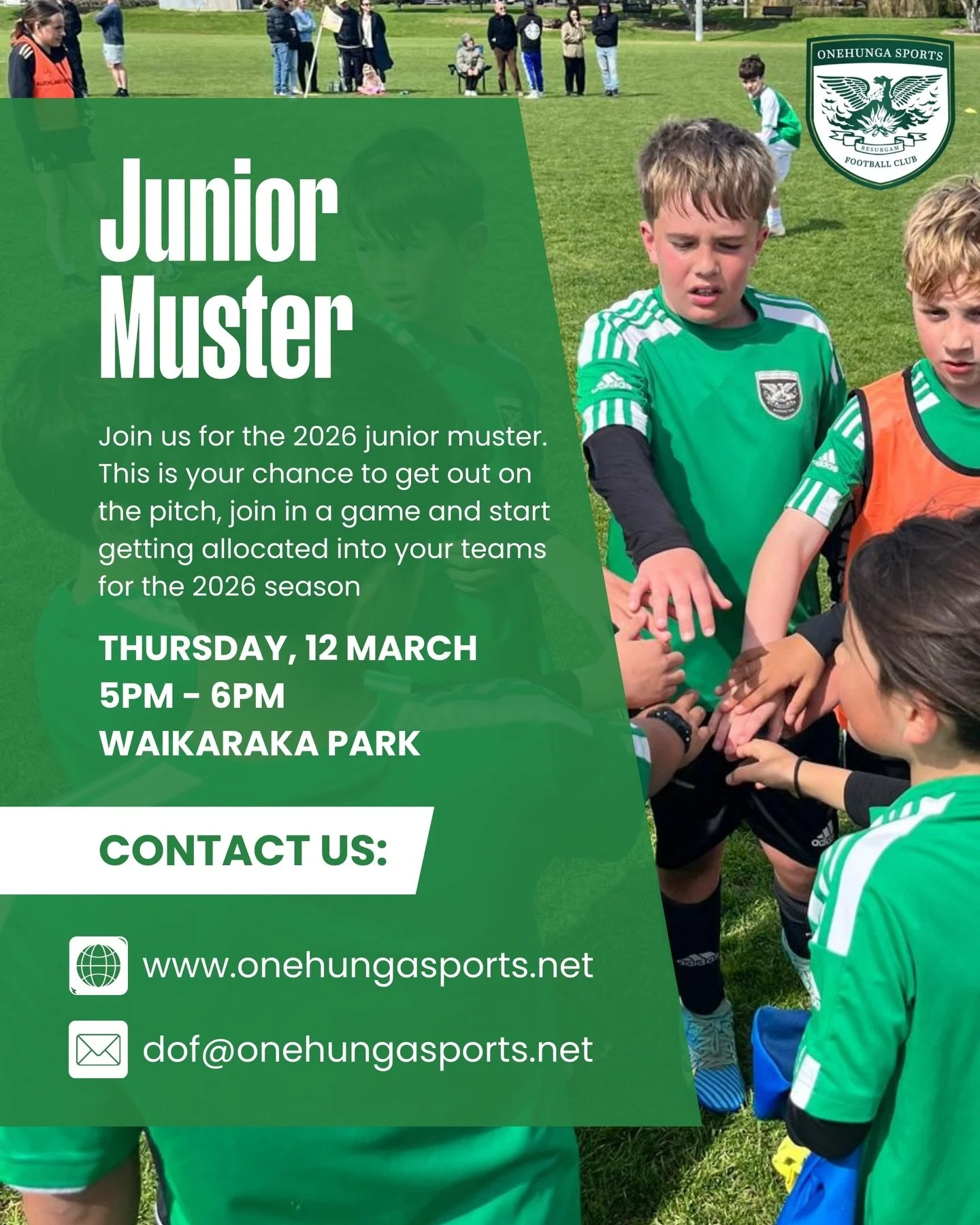 Calling all junior players! Join us for our Junior Muster on Thursday 12th March at Waikaraka Park, Onehunga from 5:00pm &ndash; 6:00pm. This is your chance to get out on the pitch, join in a game and start getting allocated into your teams for the 2