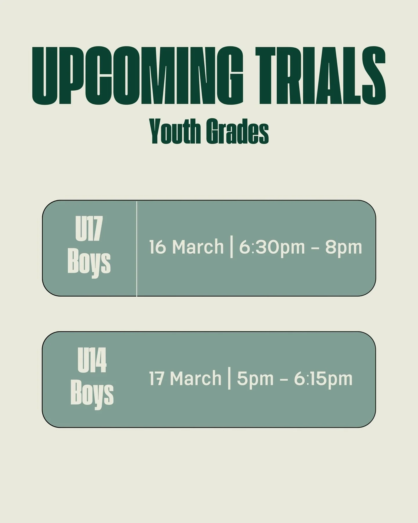 More Trials Coming Up this Week! 🙌 
If you missed this week or are still looking to find your club for the upcoming season, we&rsquo;ve got more opportunities for you at Onehunga Sports FC! 
🟢 U17 Boys Trials Monday 16 March | 6:30pm &mdash; 8:00pm