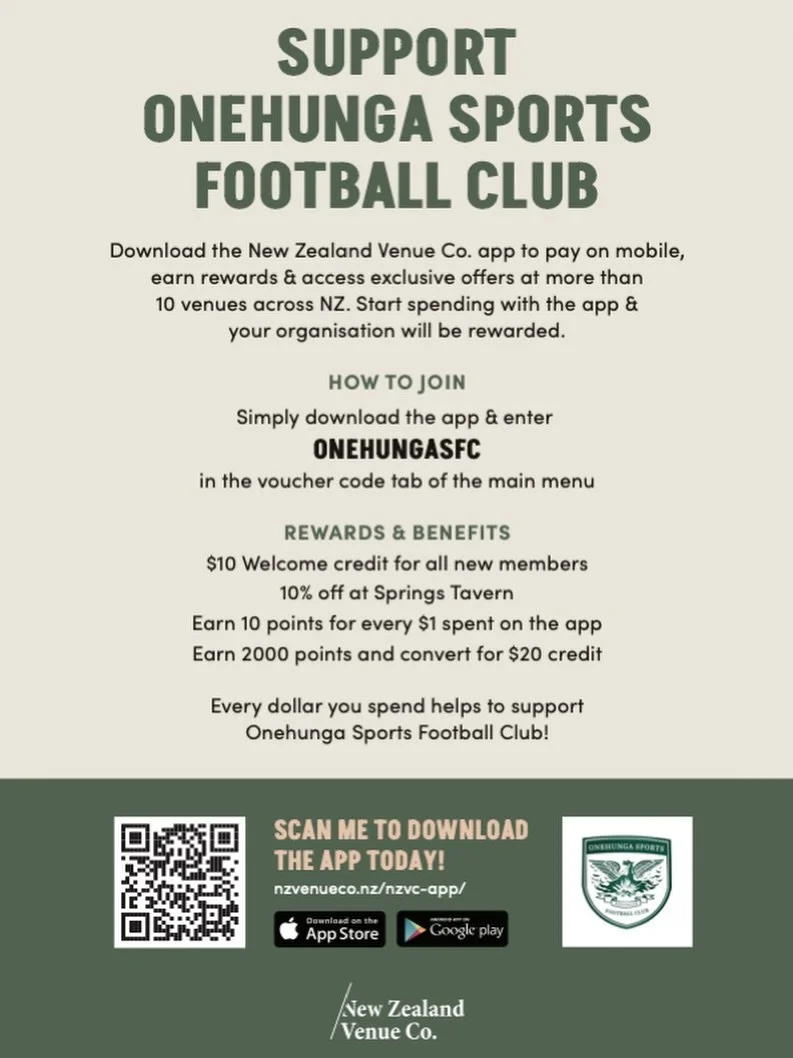 Big news for Onehunga Sports FC members  
The Springs Tavern is now our official sponsor &mdash; and that means you get 10% off every visit. 
Download the New Zealand Venue Co. app, enter code ONEHUNGASFC, and unlock:   ✅ $10 welcome credit  ✅ 10% of