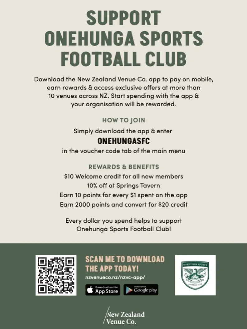 Big news for Onehunga Sports FC members  
The Springs Tavern is now our official sponsor &mdash; and that means you get 10% off every visit. 
Download the New Zealand Venue Co. app, enter code ONEHUNGASFC, and unlock:   ✅ $10 welcome credit  ✅ 10% of