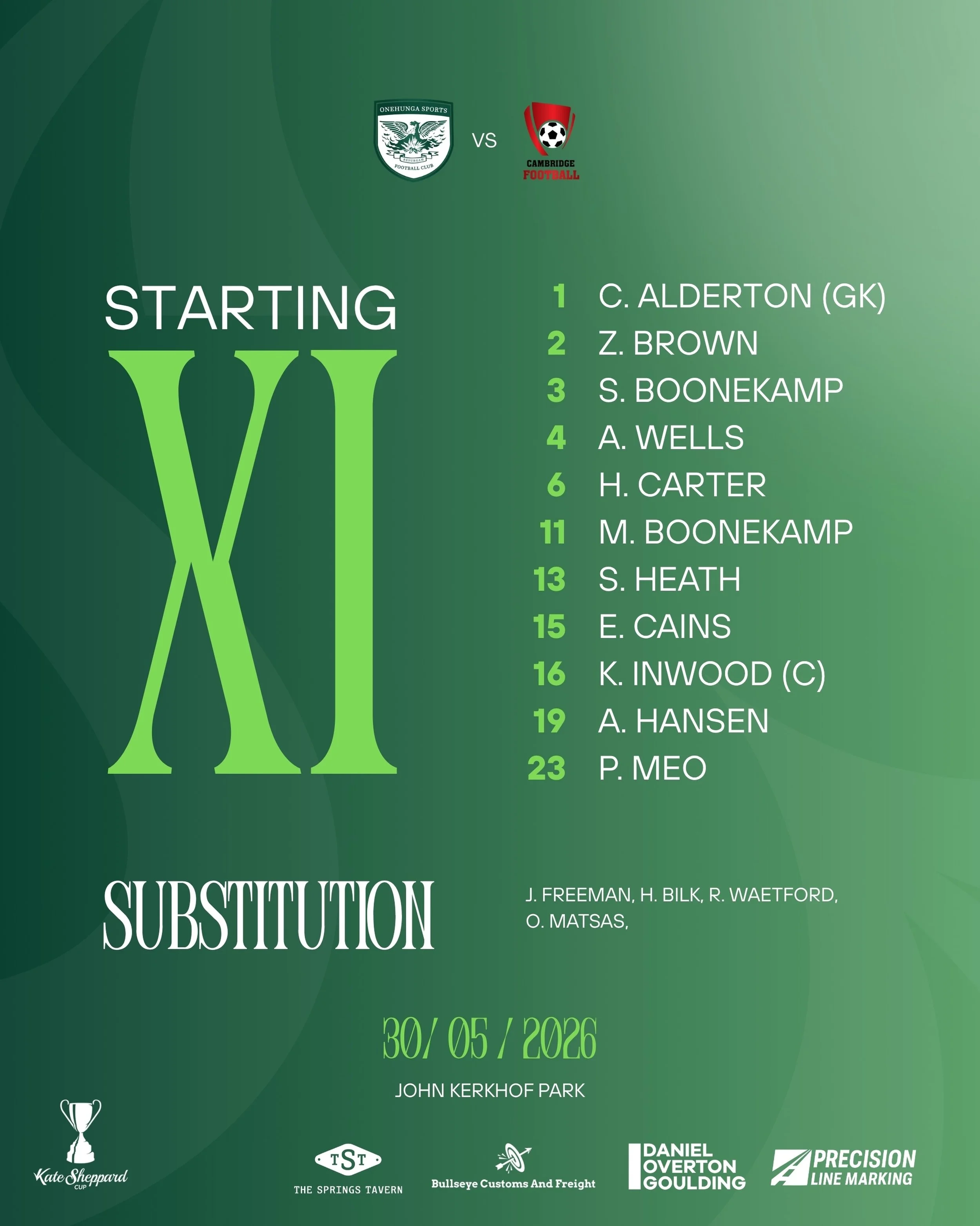 WOMEN&rsquo;S CHAMPS | STARTING LINEUP 

Here is your women&rsquo;s champs starting lineup for our Kate Sheppard Cup match against Cambridge ⚽️💚🖤