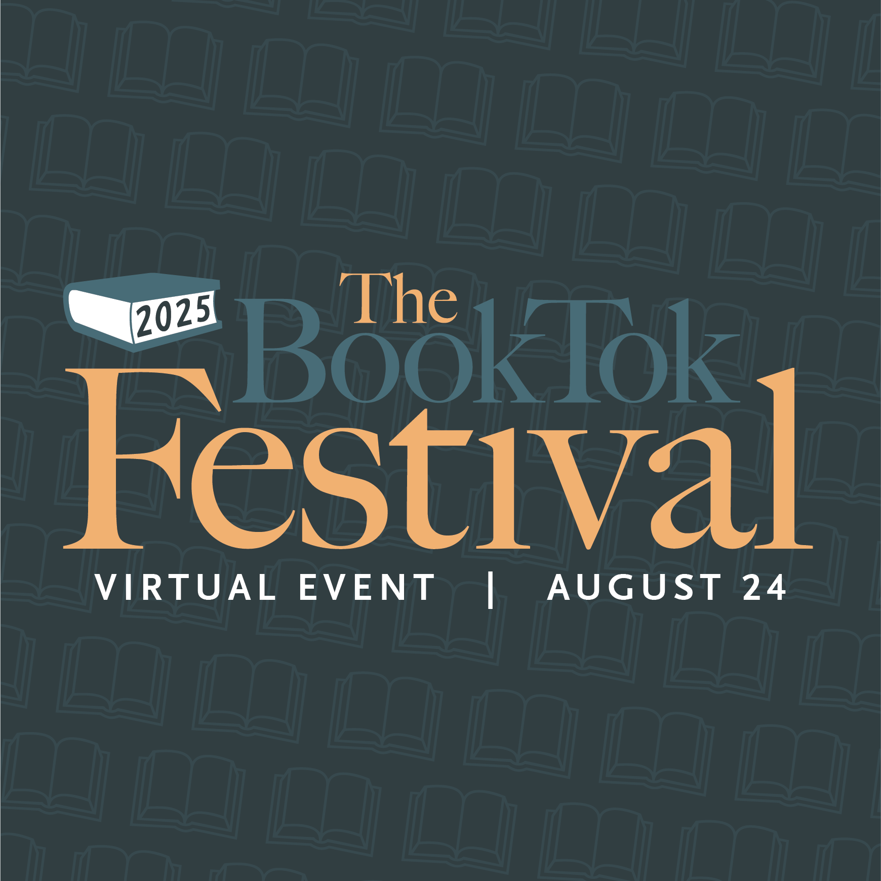 The BookTok Festival 2025 virtual event announcement with August 24 date and background of open book icons.