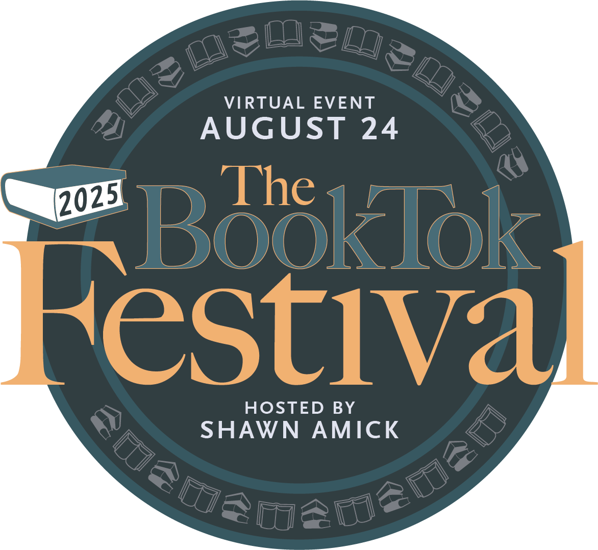 Logo for the BookTok Festival 2025, a virtual event on August 24, hosted by Shawn Amick, featuring book icons around the edge.