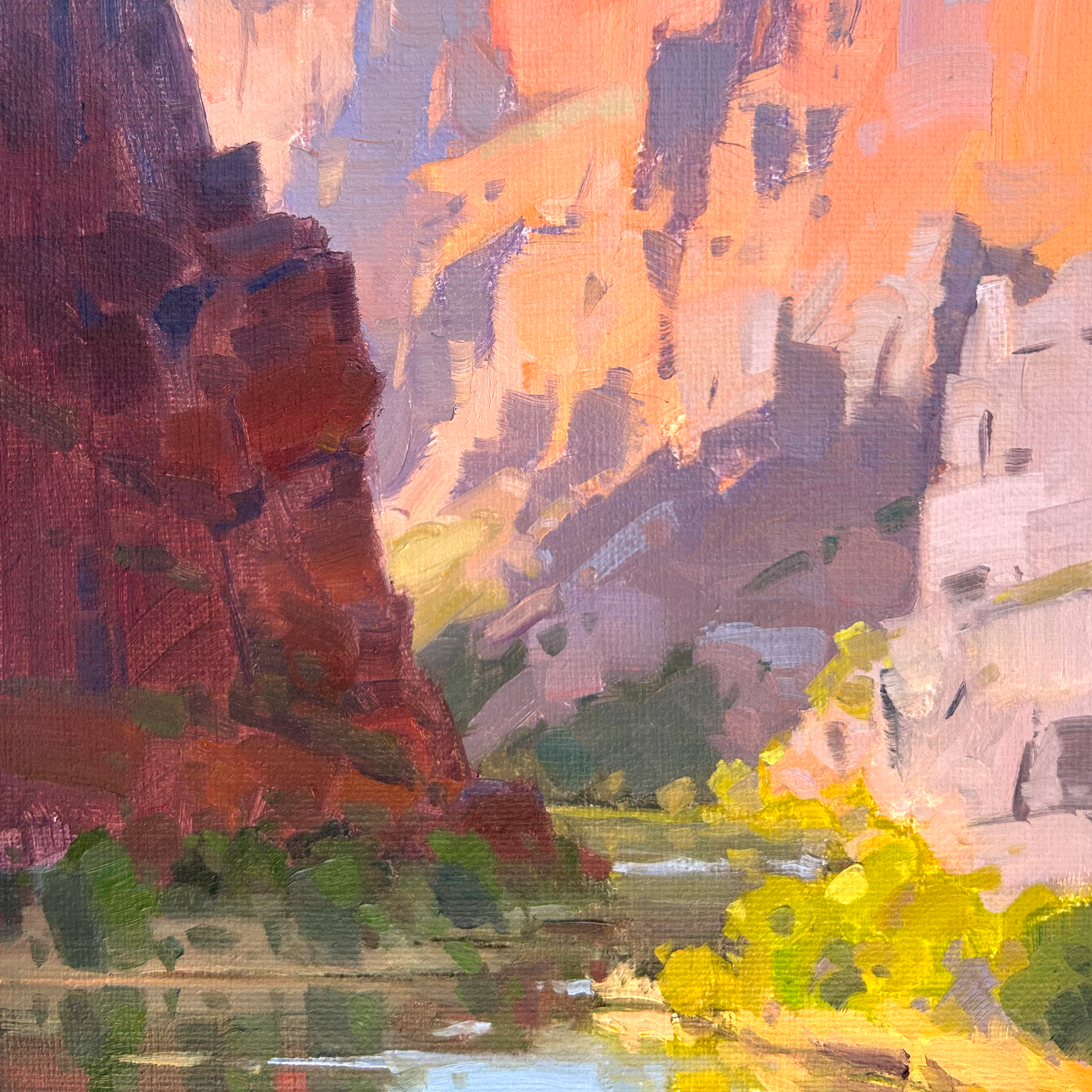 An abstract landscape painting featuring warm tones of orange, pink, and yellow, with hints of purple and green, painted with broad brushstrokes.