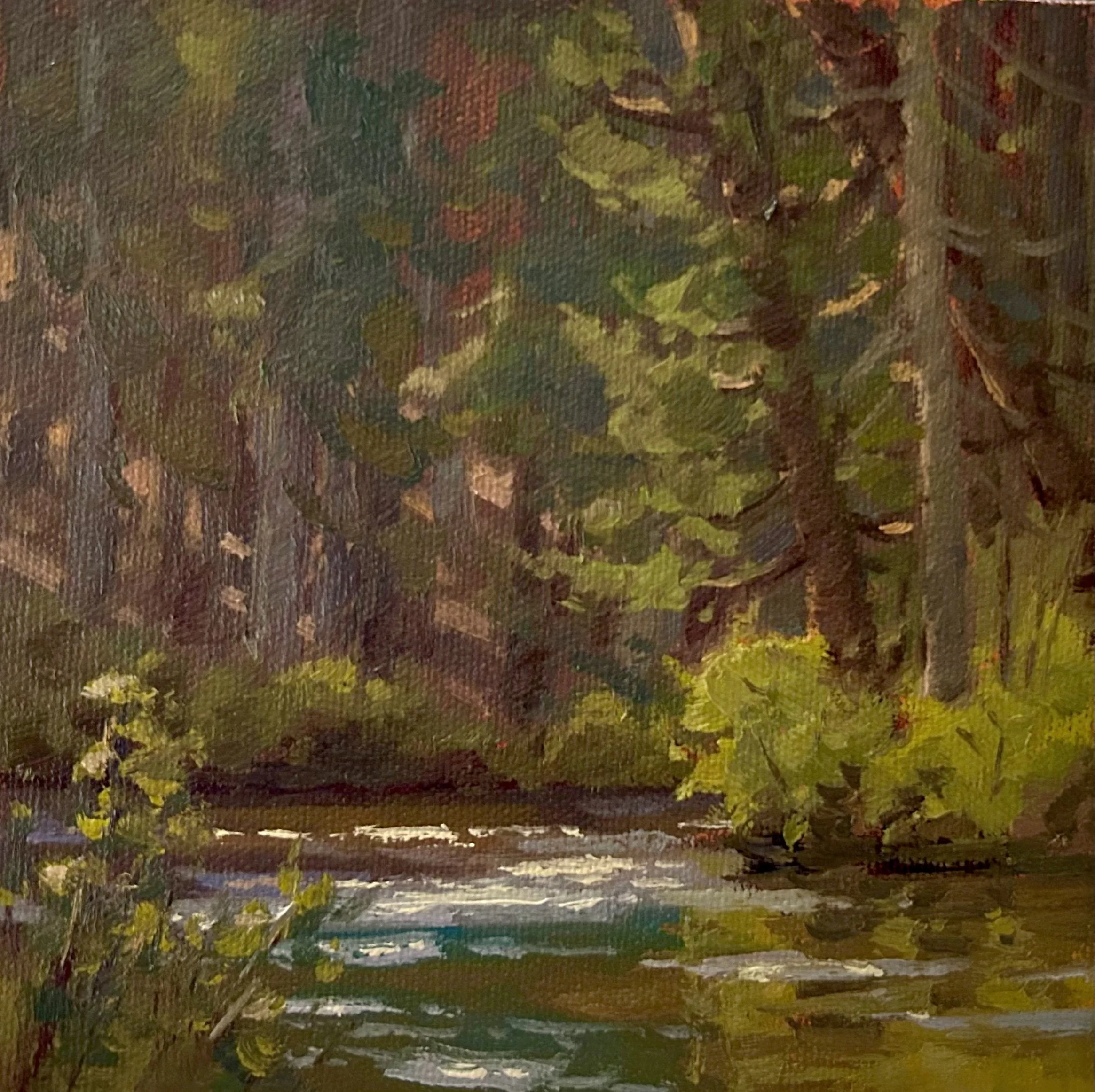 A textured landscape painting featuring trees, foliage, and a body of water, with vibrant and earthy colors.