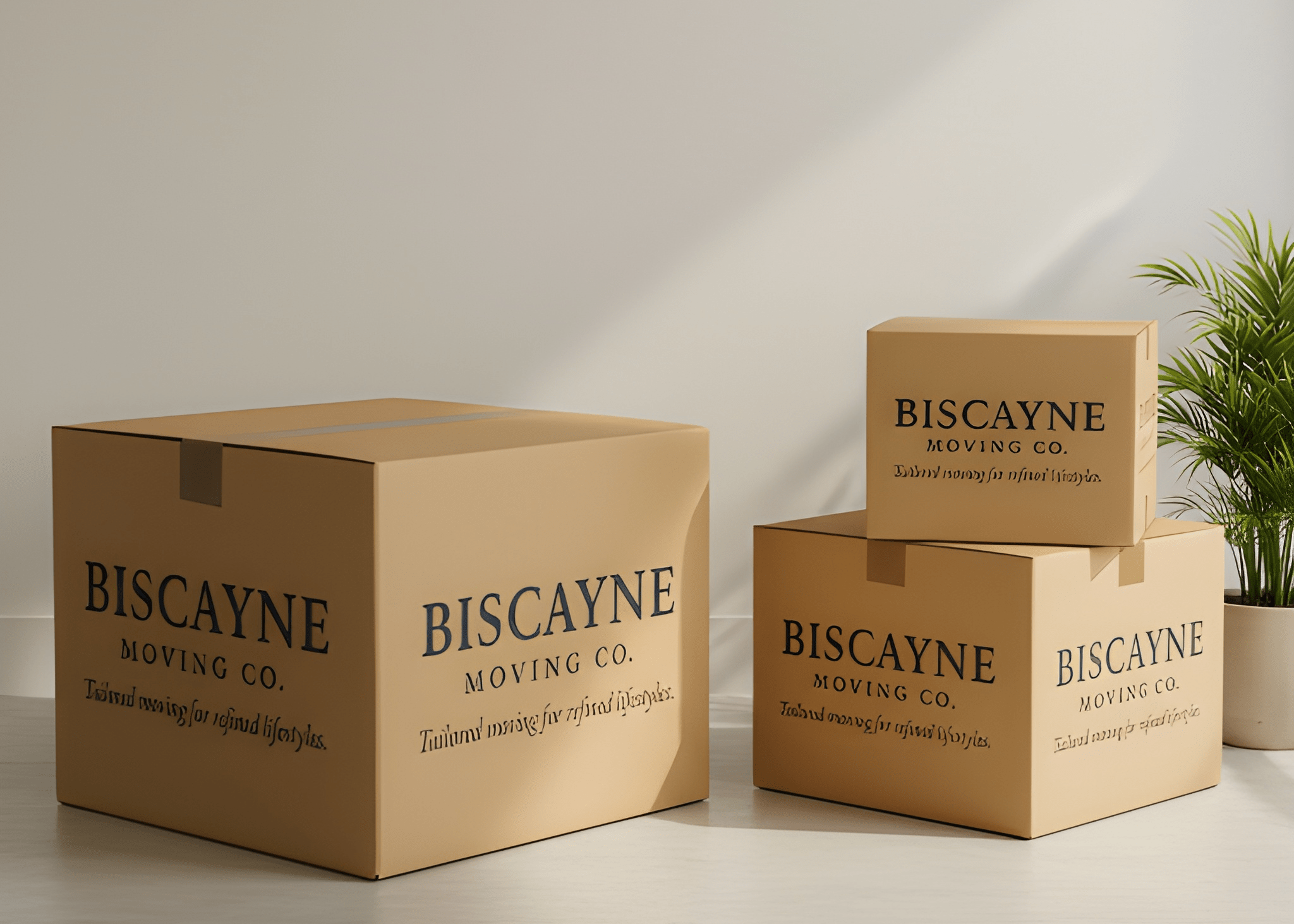 Several stacked cardboard boxes with the words 'BISCAYNE MOVING CO.' printed on them, and a green potted plant, set against a plain background.