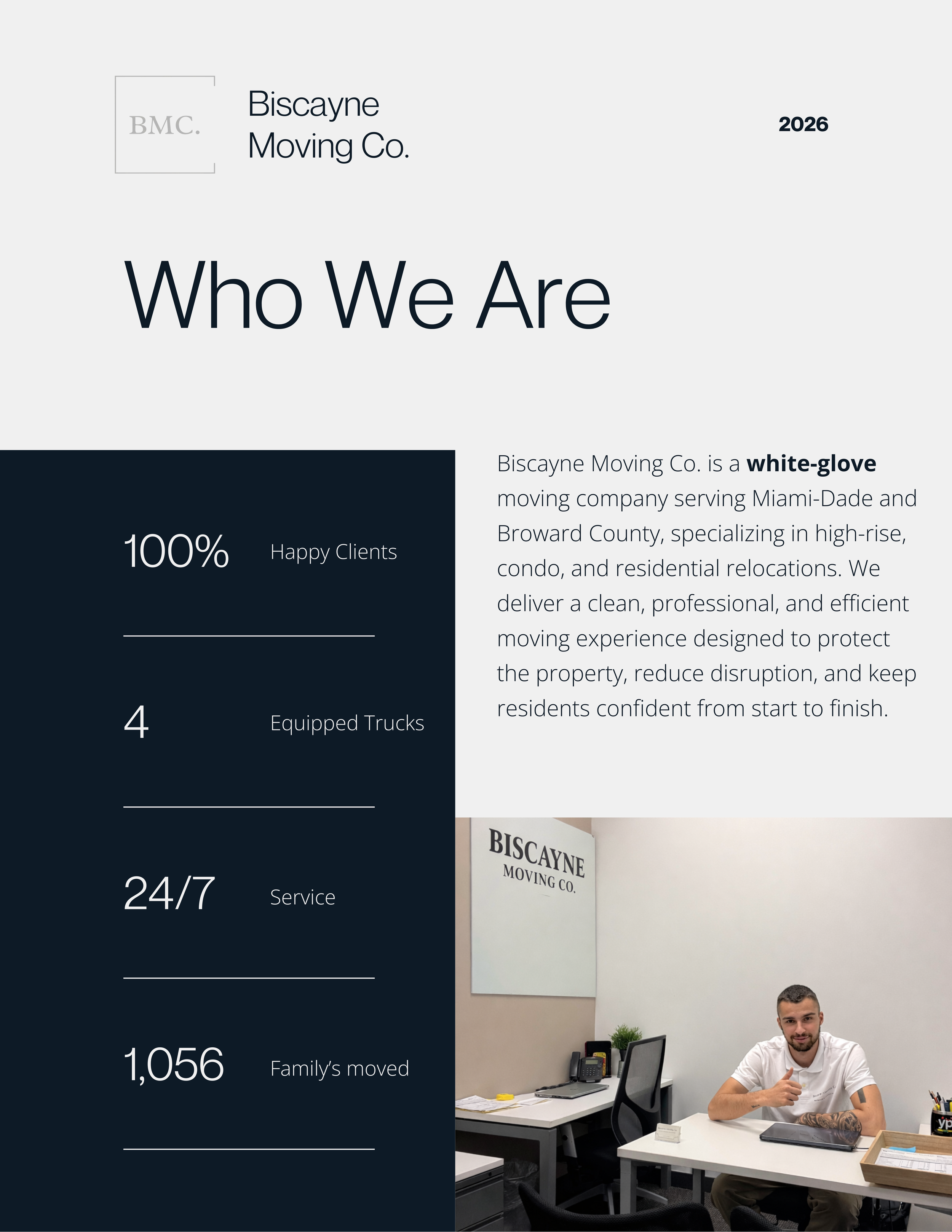 Biscayne Moving Co. is a white-glove moving company serving Miami-Dade and Broward County, specializing in high-rise, condo, and residential relocations. 4 Equipped Trucks, 24/7 Service. 1,056 Family's moved. 100% happy clients. Miami Movers