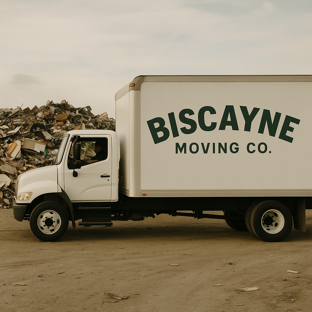 Commercial moving truck handling debris removal and pallet disposal during multi-day commercial relocation in Miami