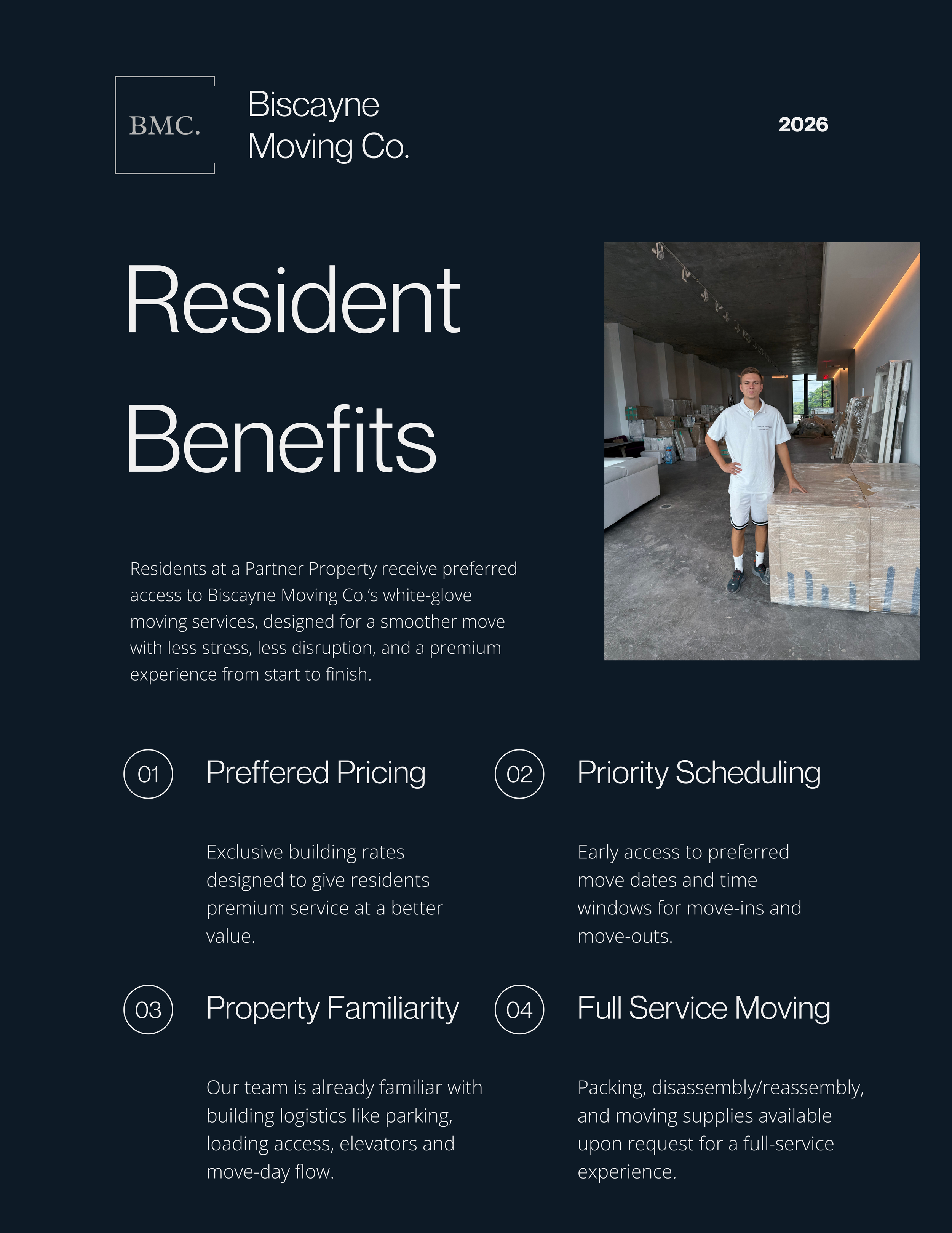 Brochure for Biscayne Moving Co. highlighting resident benefits, featuring a biscayne moving co. miami mover and listing services like preferred pricing, priority scheduling, property familiarity, and full-service moving in miami and fort lauderdale.