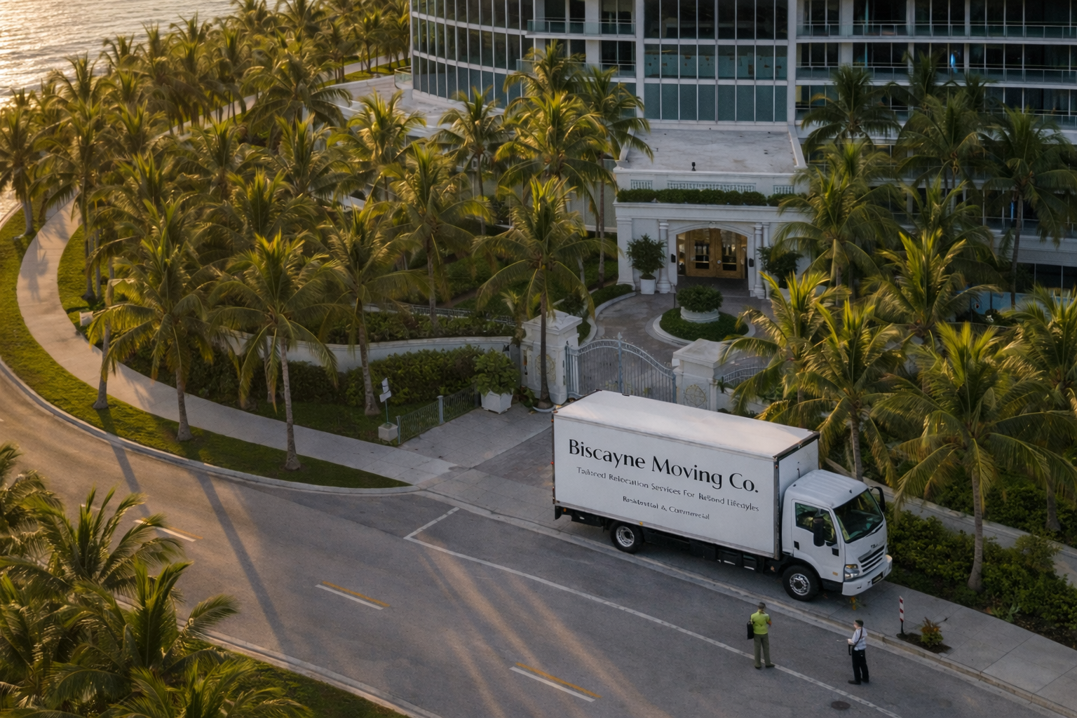 Biscayne Moving Co. truck parked outside condo in miami