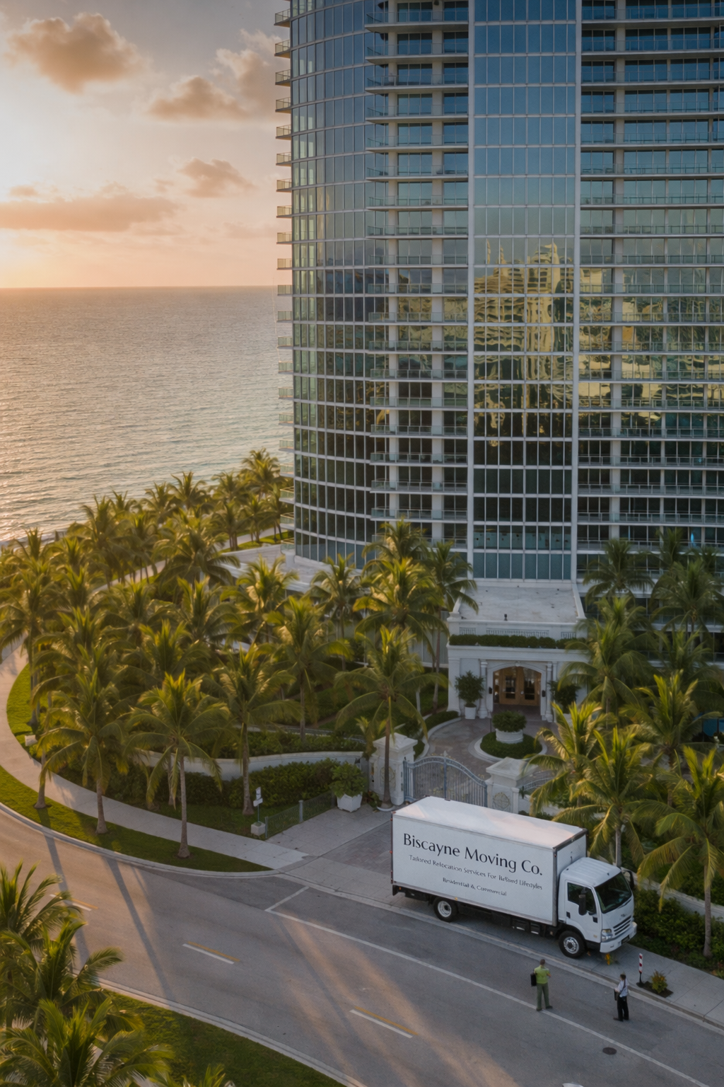 High-rise building by the ocean with palm trees in the foreground, a moving truck labeled 'Biscayne Moving Co.' parked near the entrance, and two movers standing on the street during sunset.