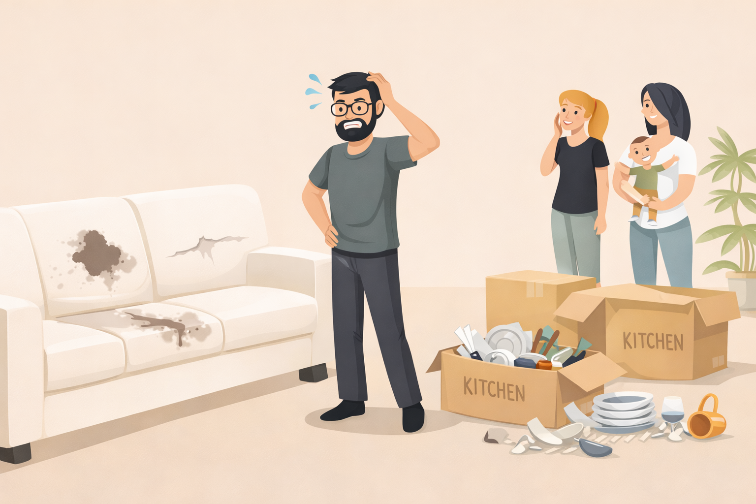 DIY moving scene showing stained couch and broken dishes after improper packing and transport