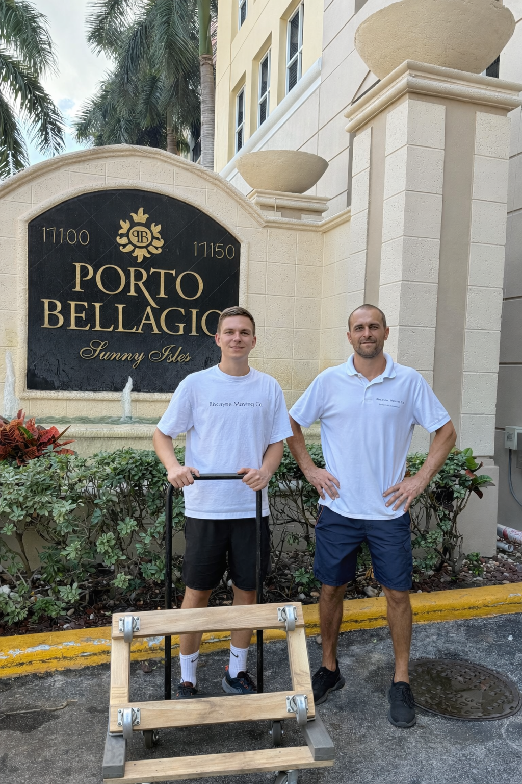 Professional movers from Biscayne Moving Co outside the Porto Bellagio Condo in Sunny Isles Beach, Miami, during a full-service apartment move