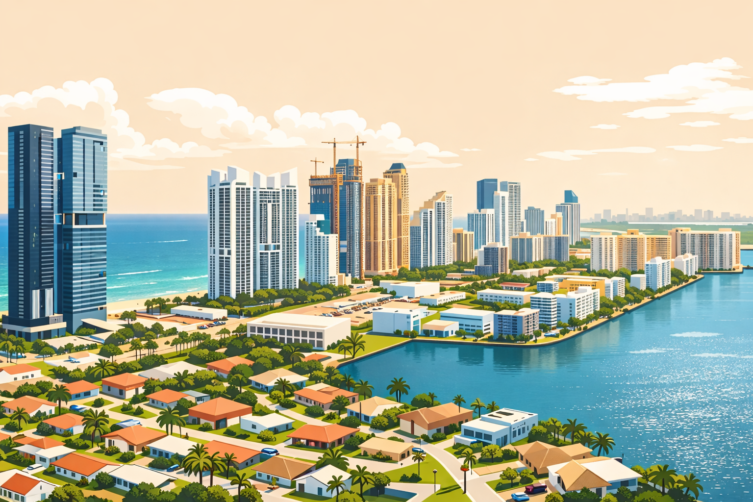 illustration of Sunny Isles Beach Miami skyline with high-rise condos along the waterfront