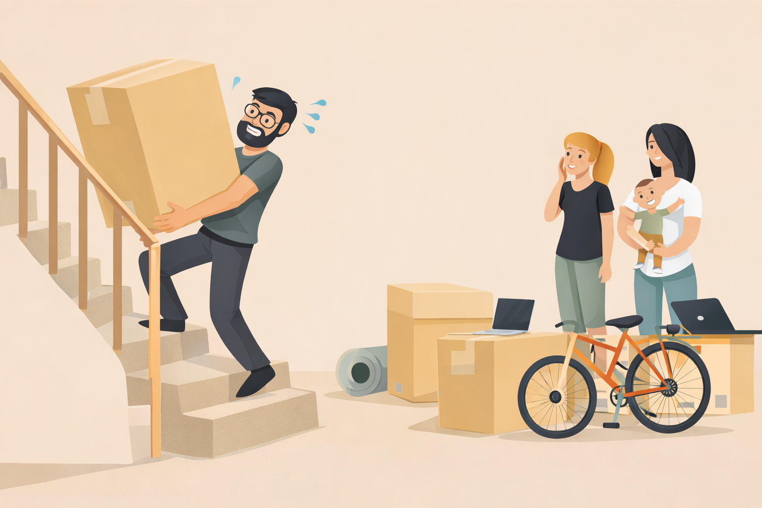 man struggling to carry a heavy moving box up stairs during a DIY move in an apartment building