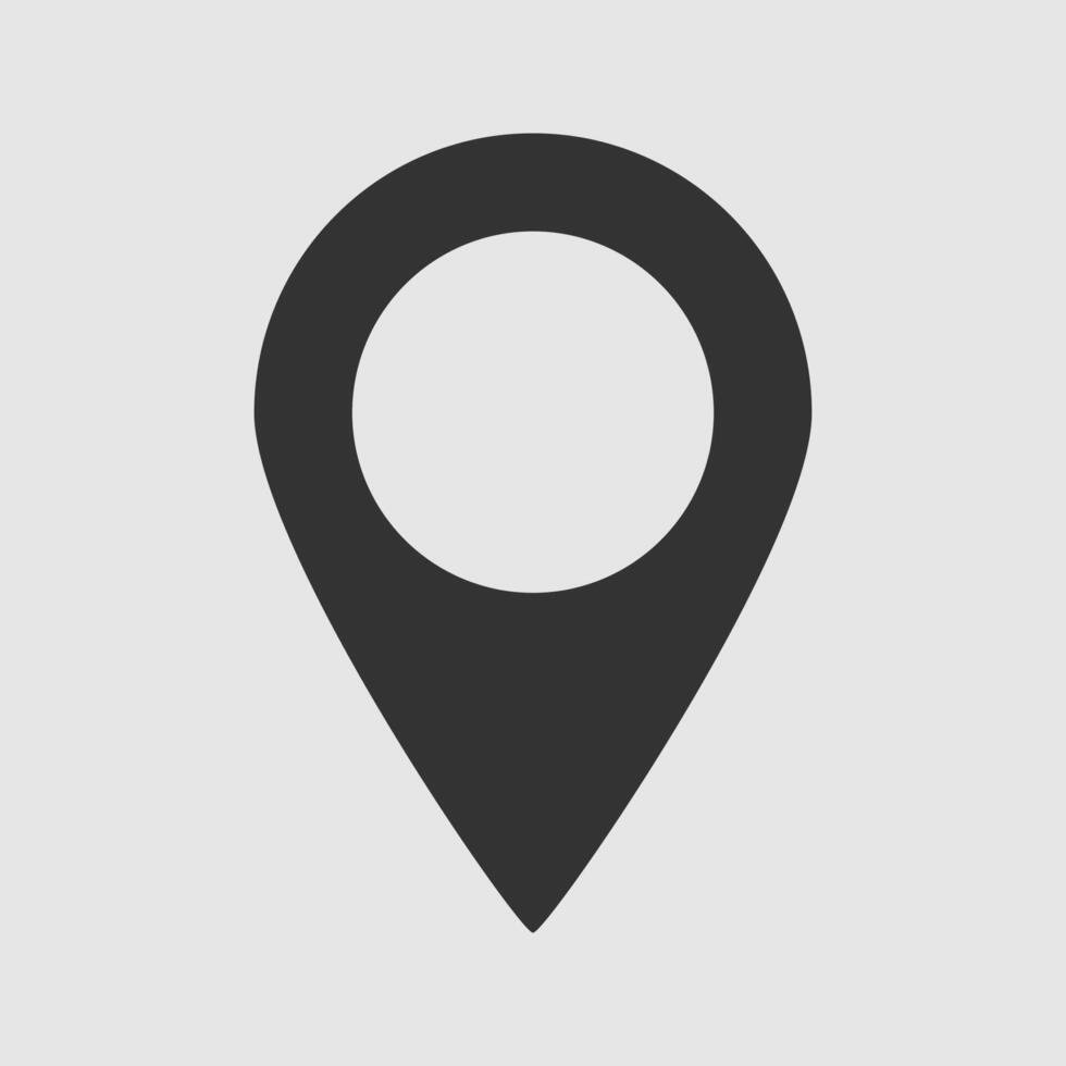 Gray background with a large black location pin icon in the center.