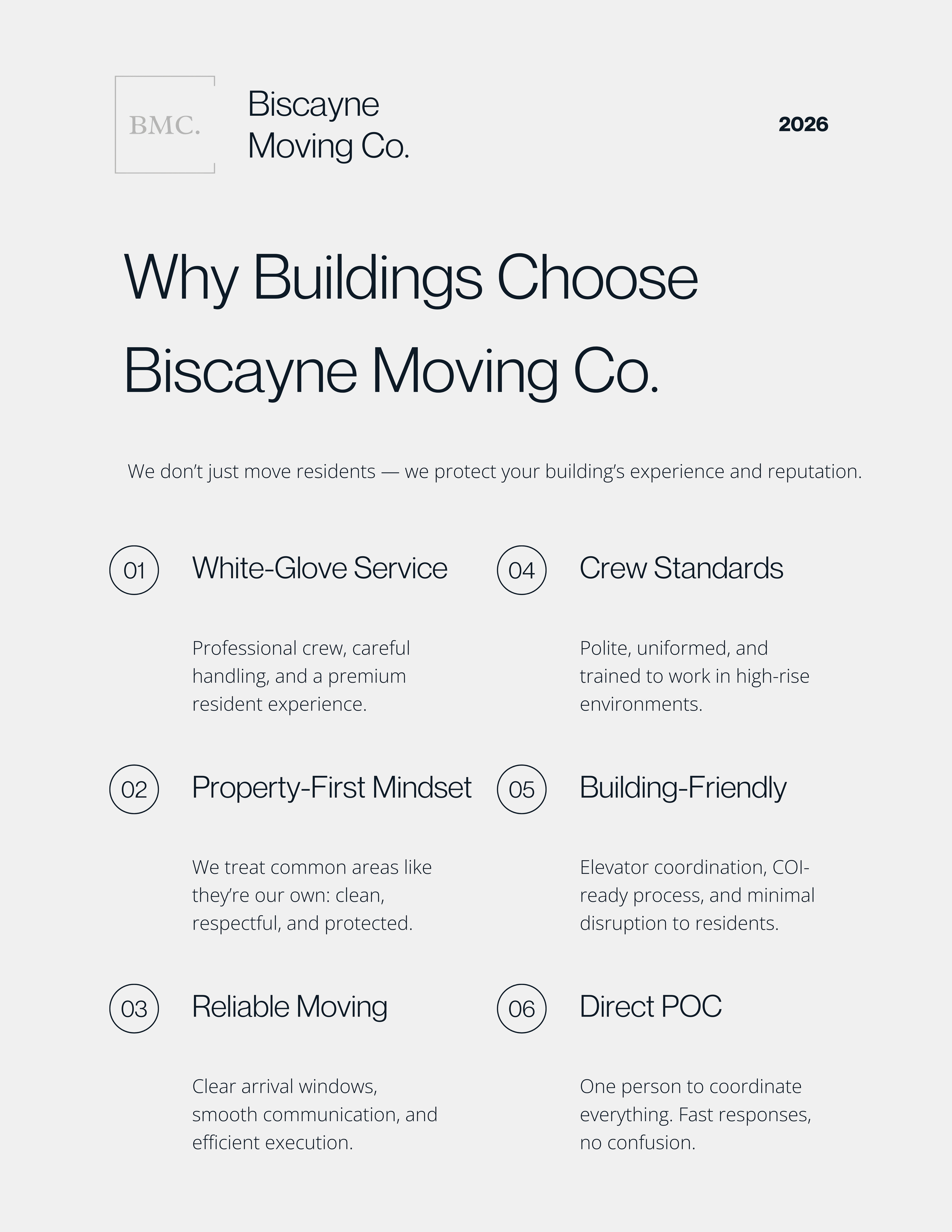 Why Buildings in Miami choose Biscayne Moving Co. we dont just move residents, we protect your building's experiance and reputation. White Glove Service. Reliable Moving. Building Friendly. Crew Standrds. Property first mindset in miami, fort lauder