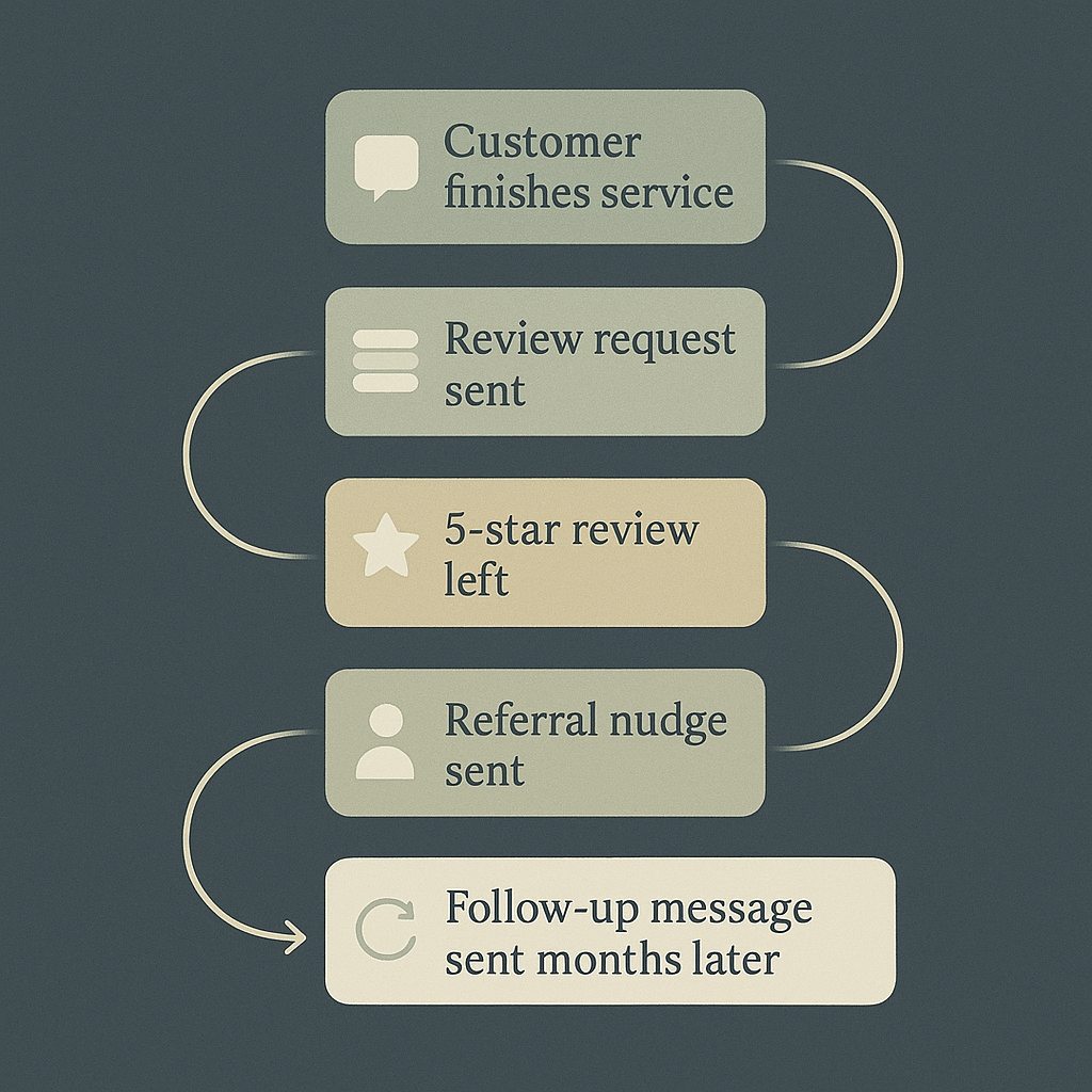 Flowchart showing customer service process with steps: Customer finishes service, review request sent, 5-star review left, referral nudge sent, and follow-up message sent months later.