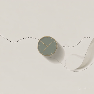 A wall clock hanging on a white wall with a dotted line pattern and a piece of paper curling at the bottom right.