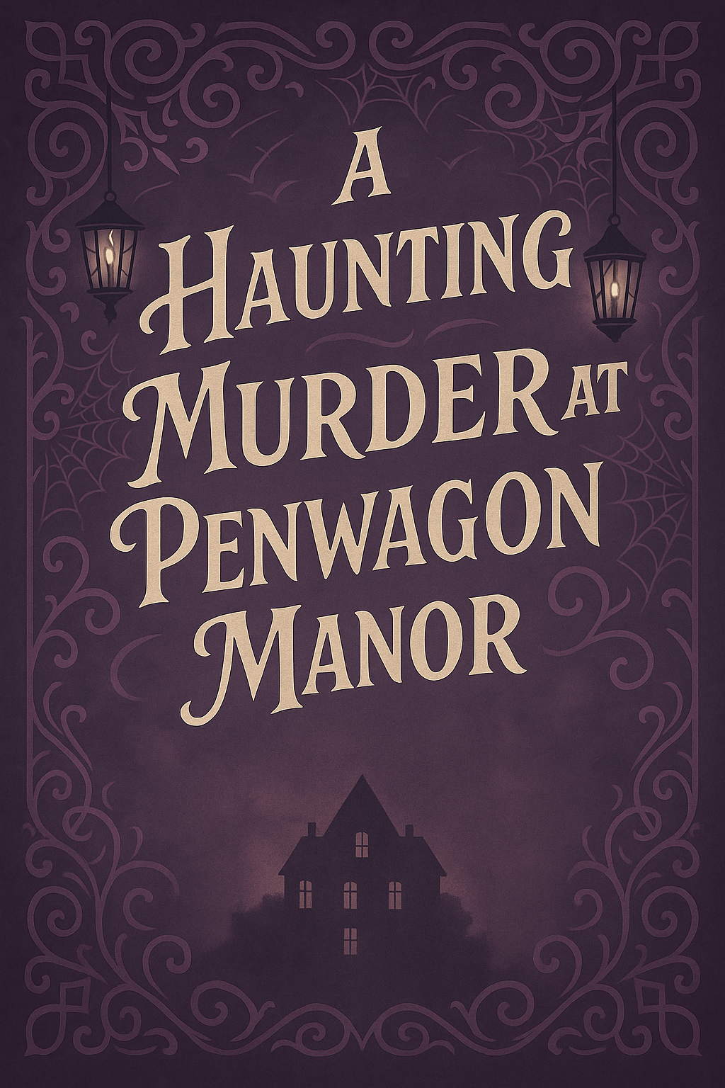 Book cover for 'A Haunting Murder at Penwagon Manor' featuring a dark purple background, decorative spiderwebs, hanging lanterns, and a silhouette of a haunted house.